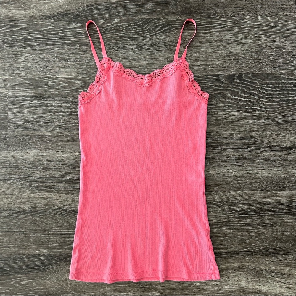 Y2K Long Pink Lace Trim Ribbed Cami Tank Top Spaghetti Strap Layering Women’s M